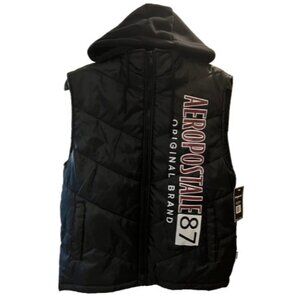 Aéropostale Mens Puffer Vest L Black Hooded Streetwear Sleeveless Jacket Y2K NYC